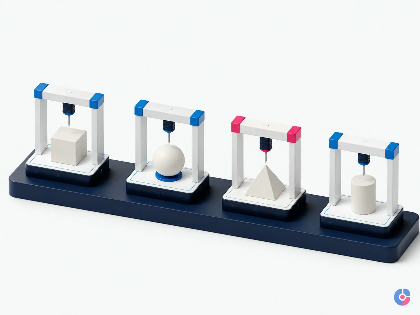 Isometric render of four assessment stations representing customer care competency tests