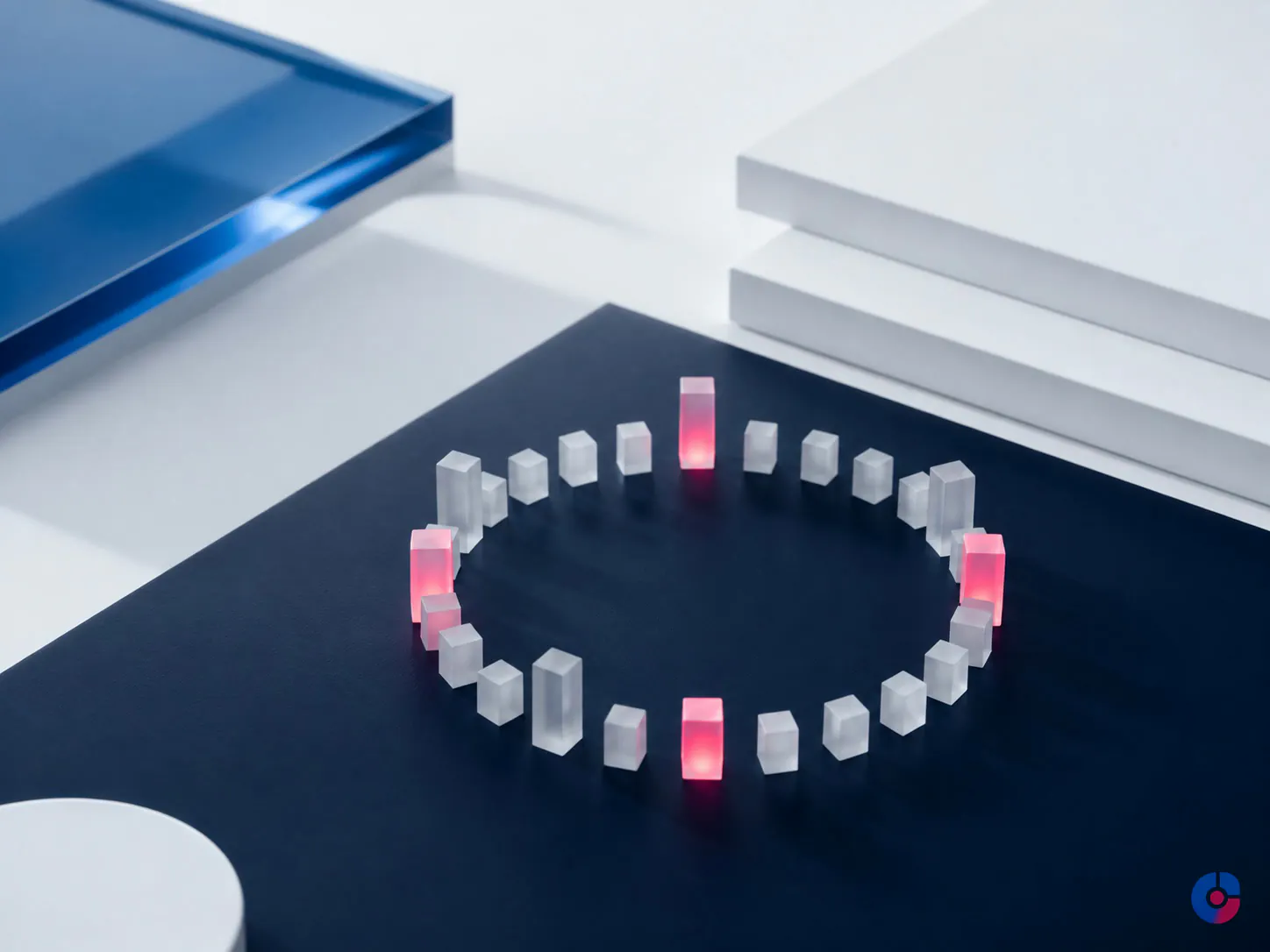 Abstract glass block ring representing customer support demand peaks around the clock