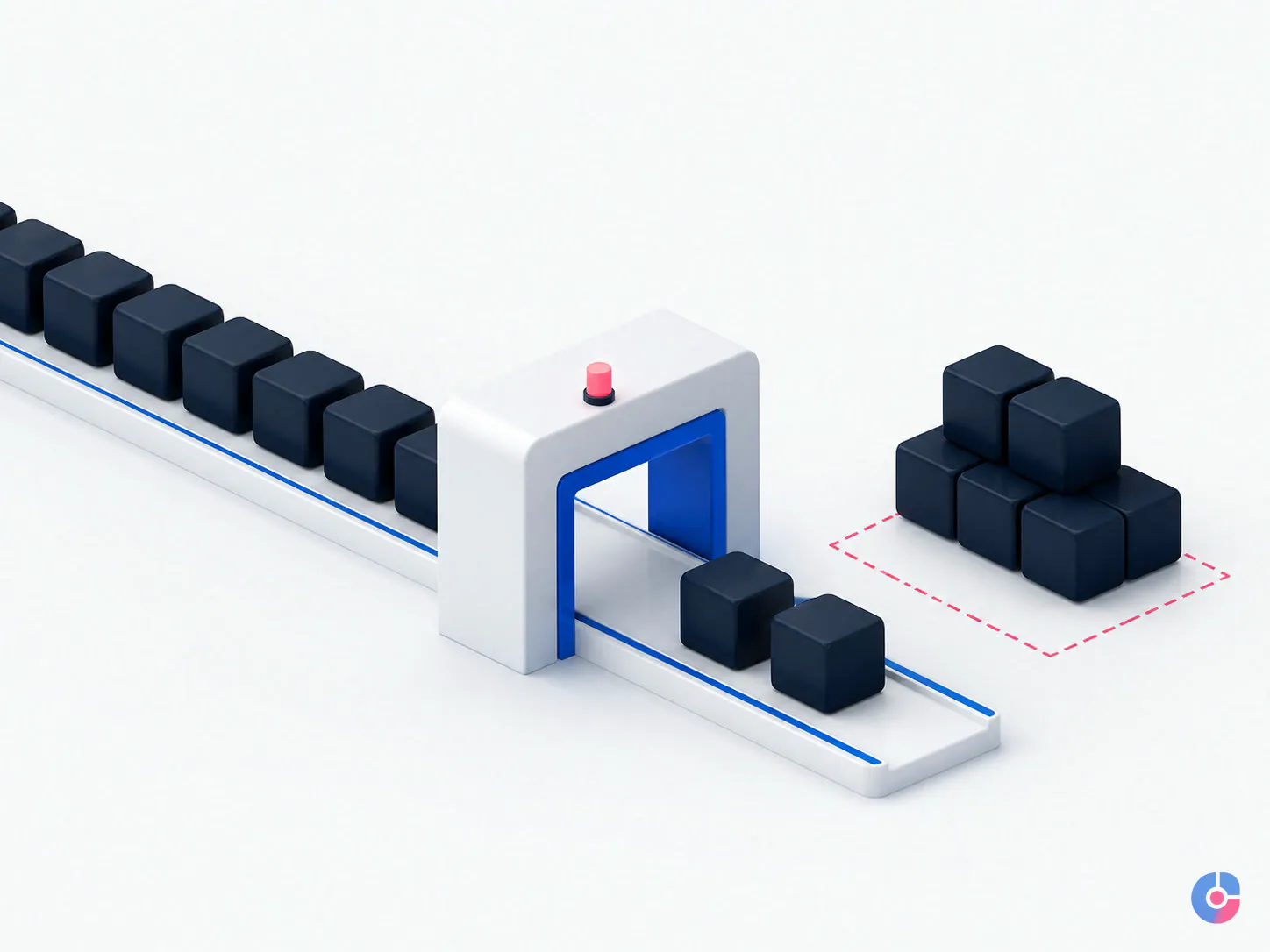 Isometric render of an email support queue with a growing backlog to one side