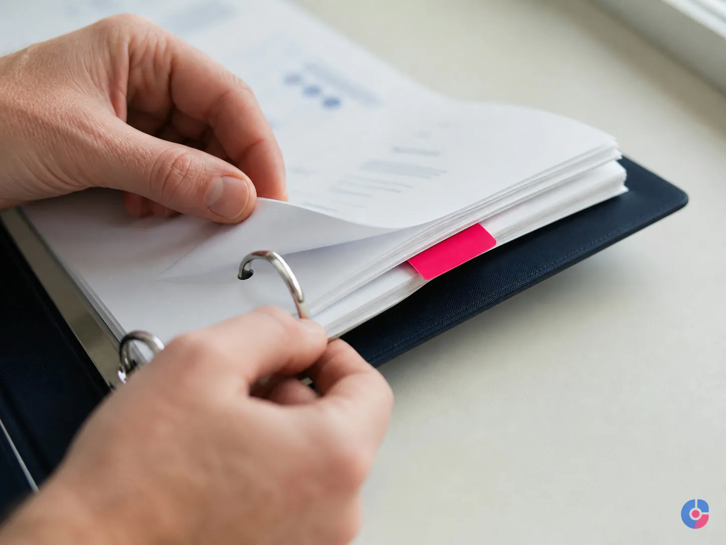 Hands assembling documented support answers into a knowledge base binder