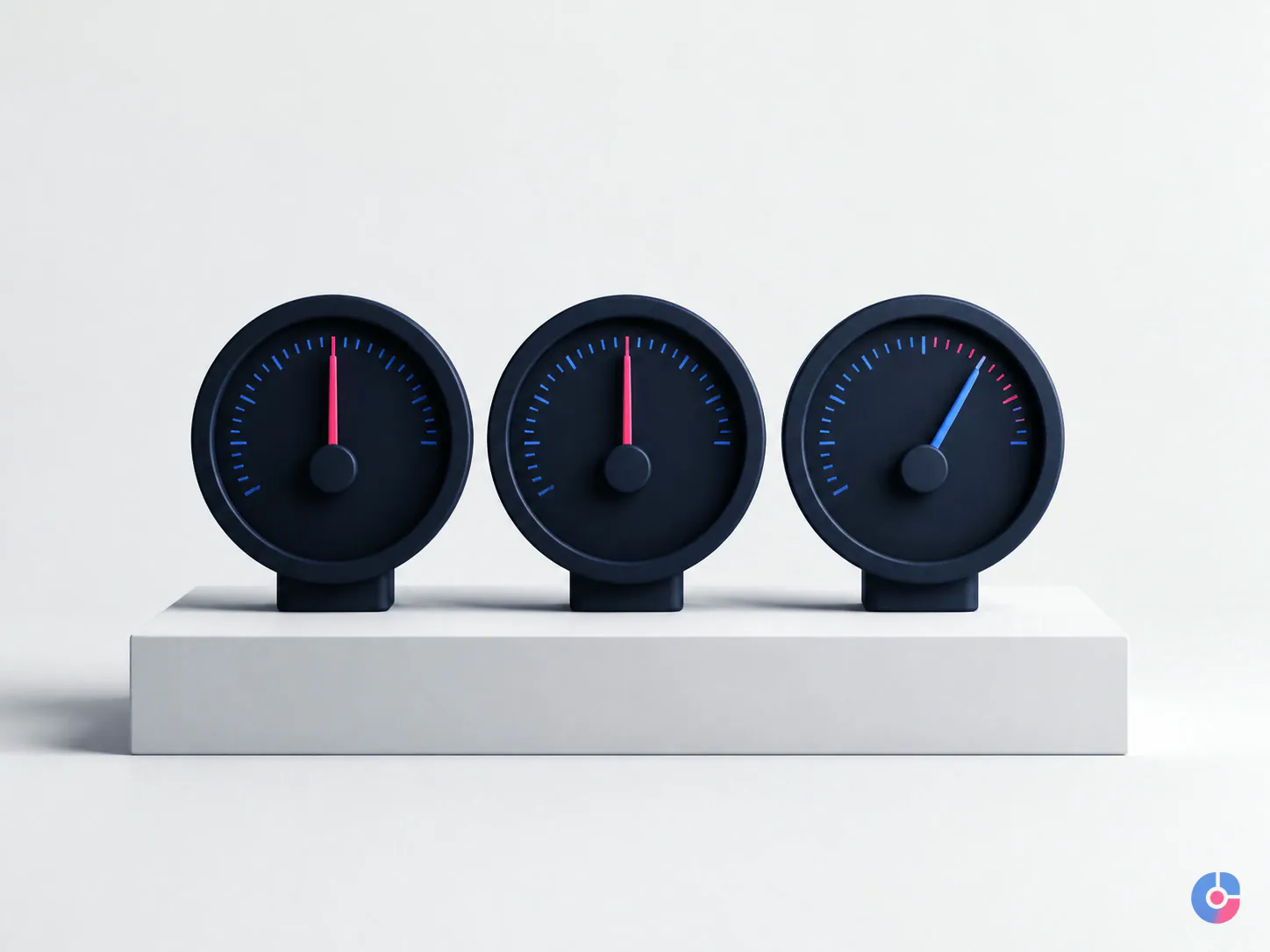 Aligned gauges concept representing calibrated quality scoring for support replies
