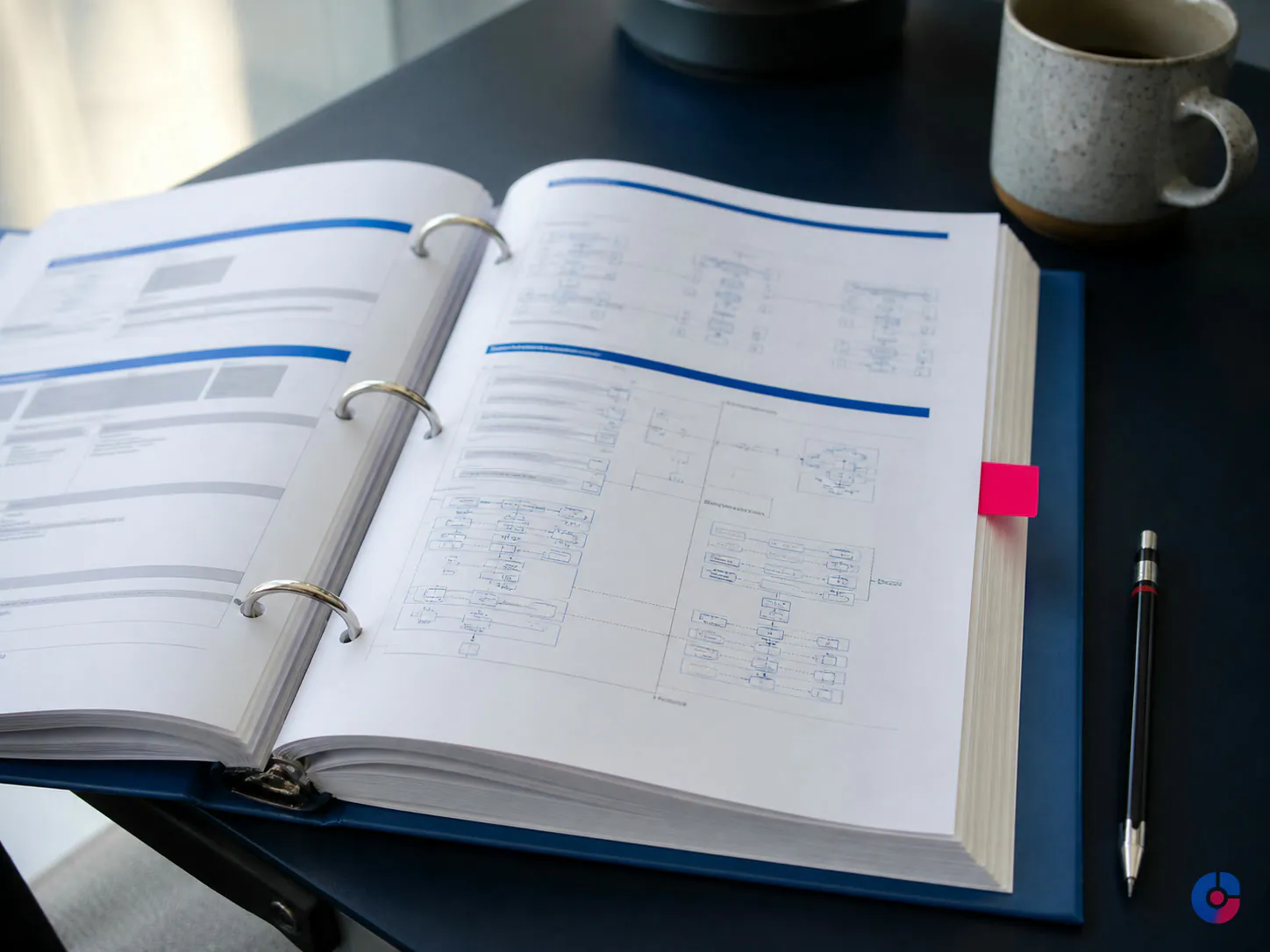 Open runbook binder with a marked section beside a pencil on a support desk