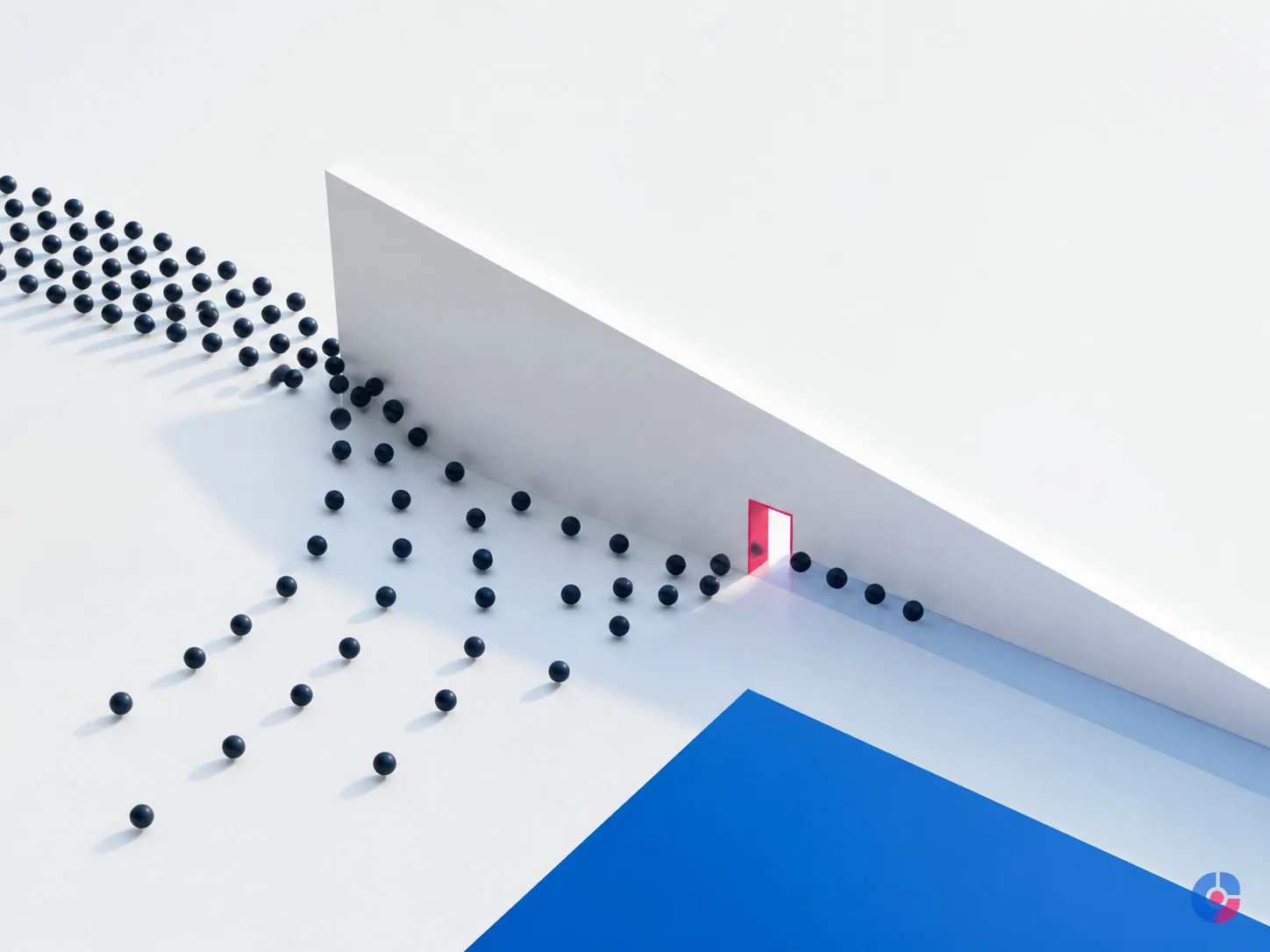 Spheres diverted by an angled plane representing support ticket deflection