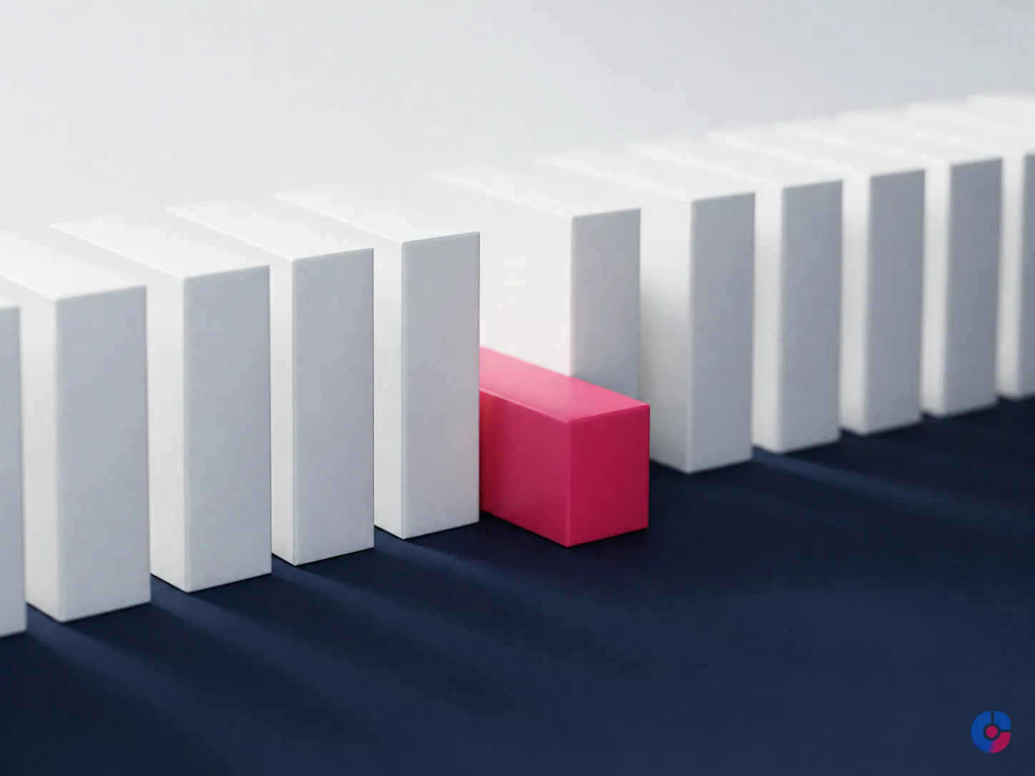 Abstract row of blocks with one out of line representing a suppressed product listing