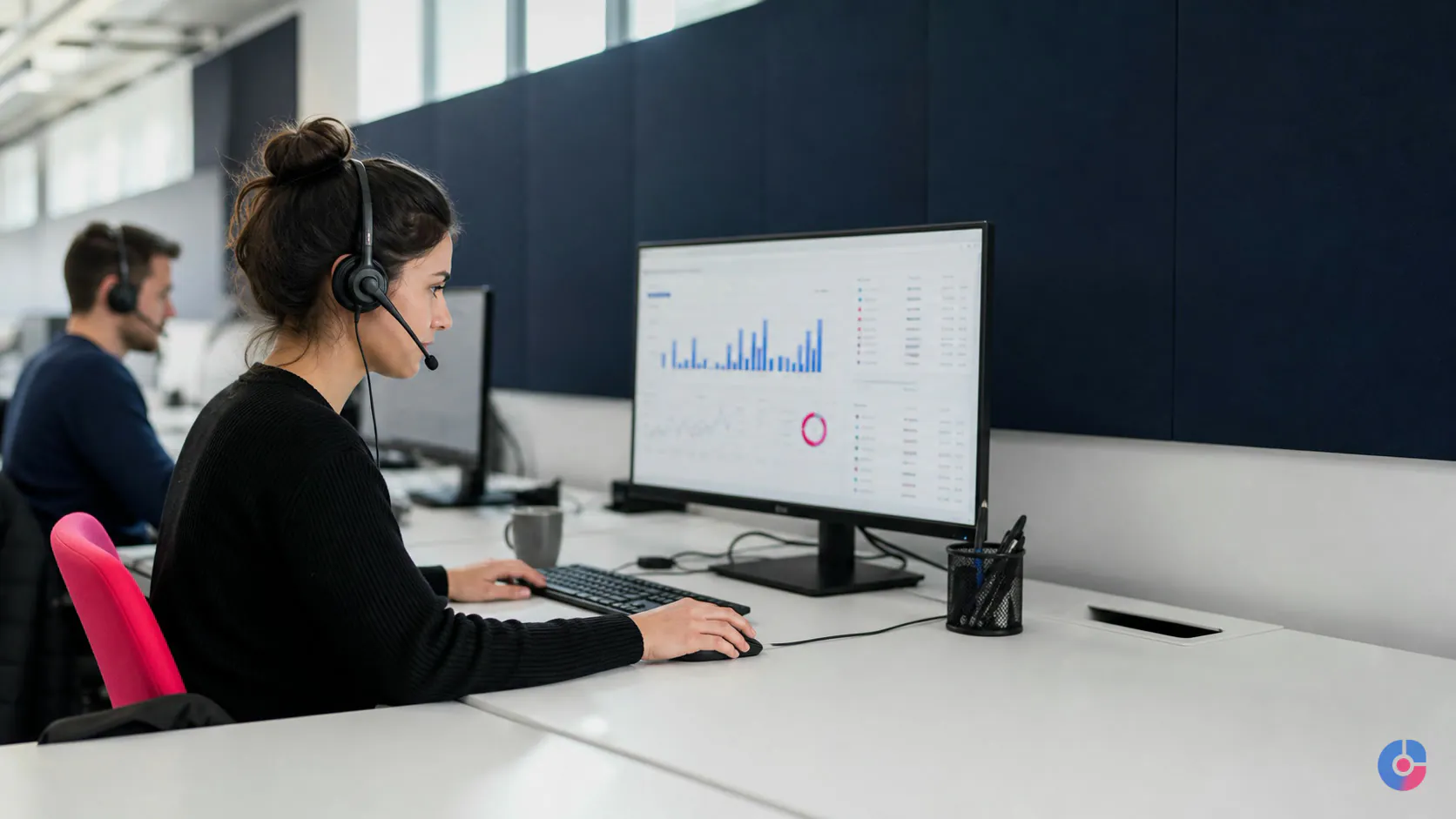 Support agent working through a customer ticket queue on a wide monitor