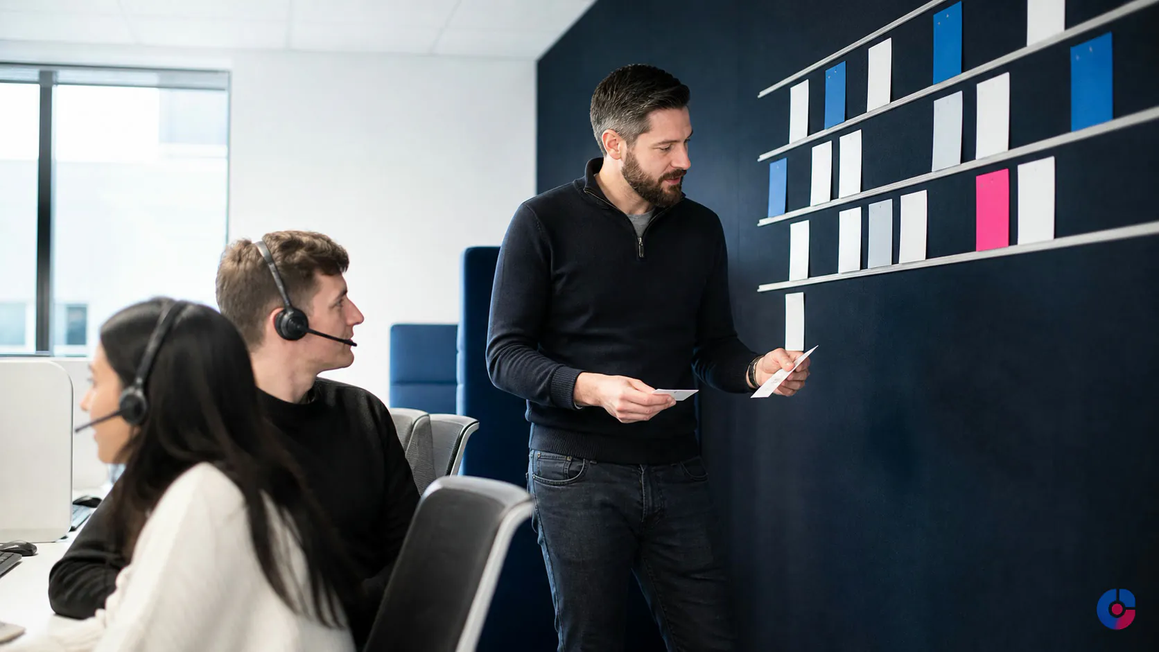 Support team lead reviewing a ticket queue board with agents in a customer care office