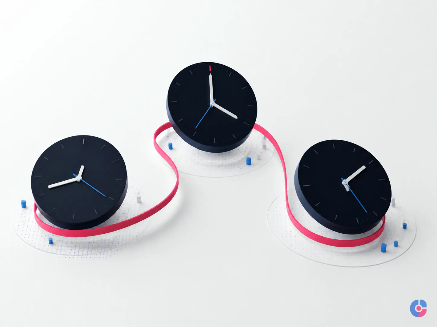 Abstract render of continuous back office processing across three time zones