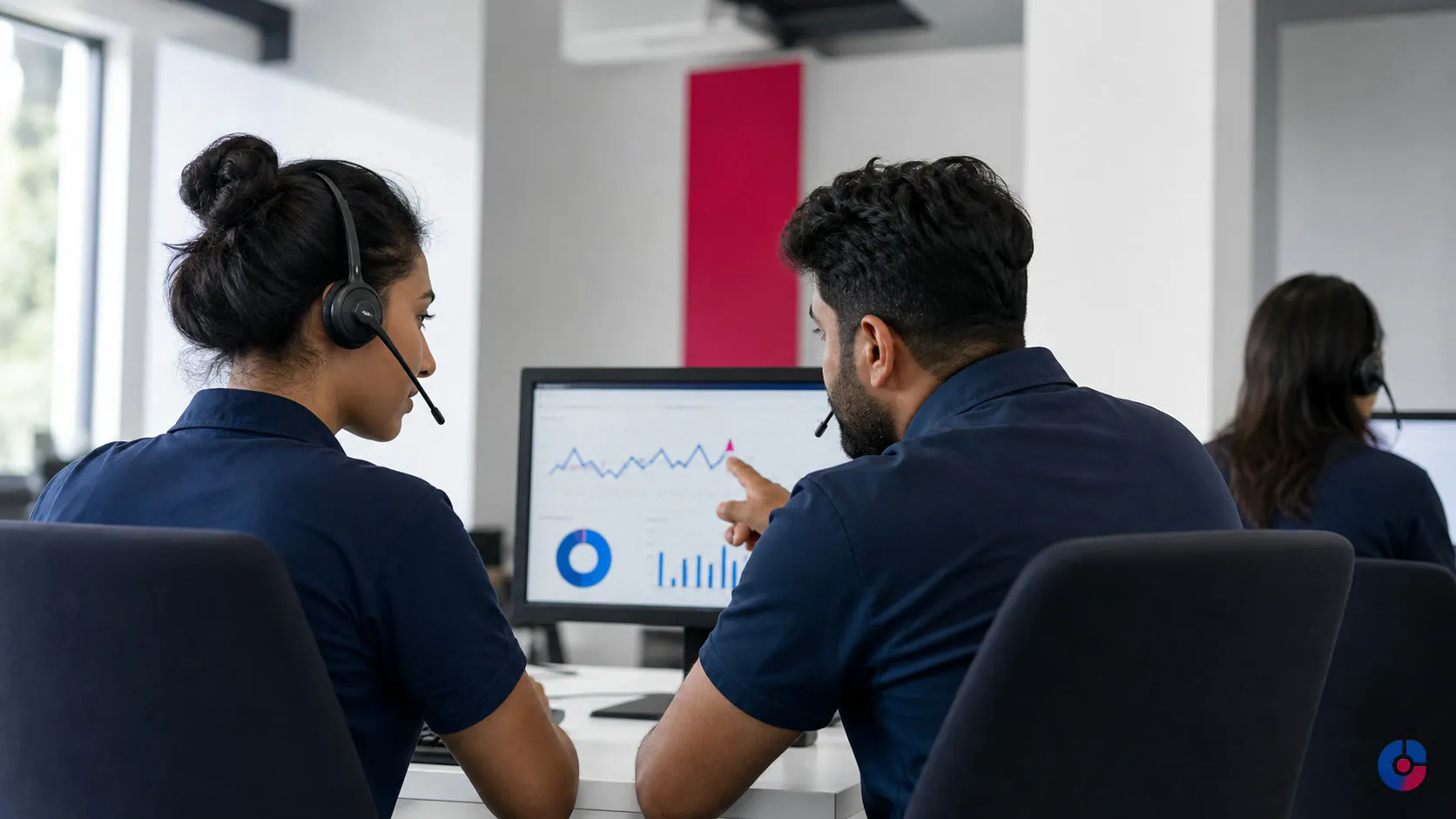 Trainer coaching a remote support agent during customer communication training