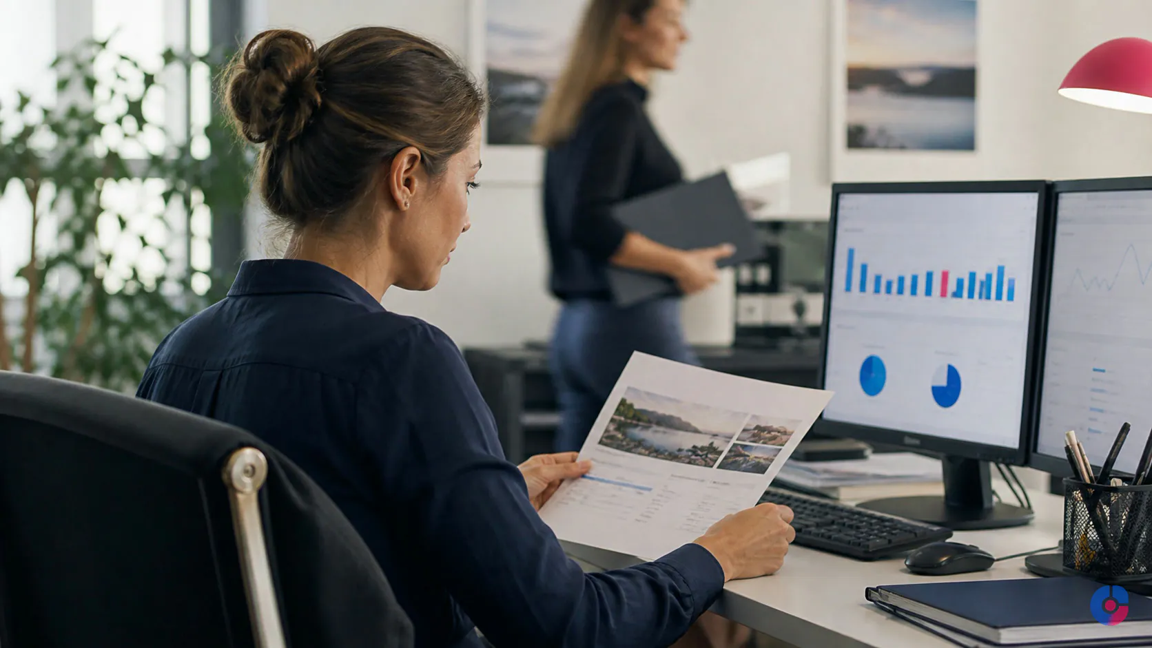 Travel consultant reviewing an itinerary while back-office support handles booking admin