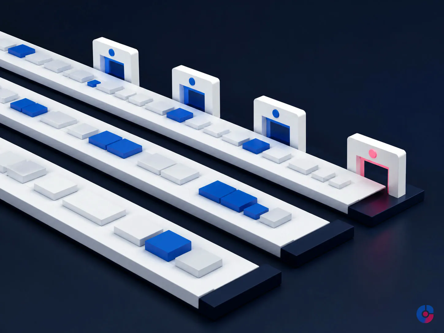Isometric lanes of bookings moving toward deadline gates in a travel back office