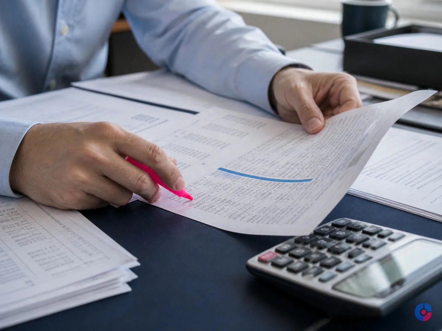 Hands reconciling supplier statements against booking records in a travel agency