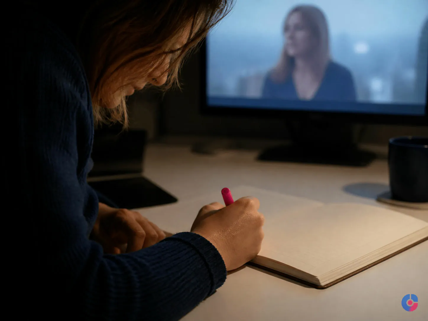 Creator writing time-stamped notes while reviewing a rough cut from a video editing assistant