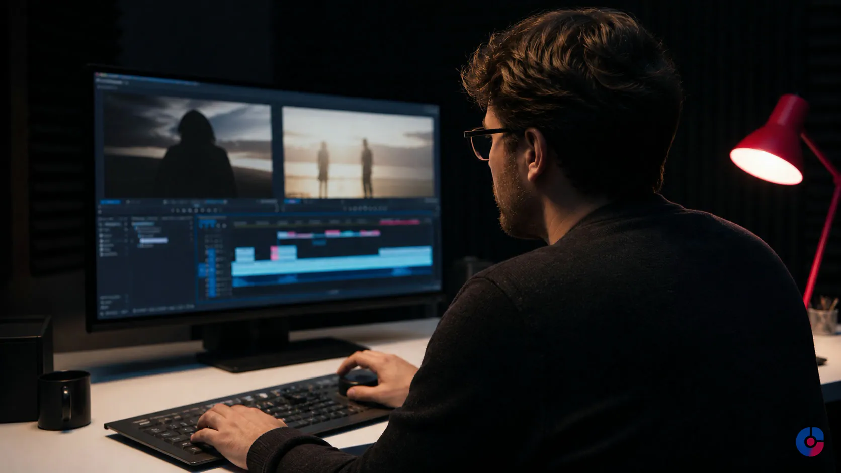 Video editing assistant working at a monitor in a small professional edit suite