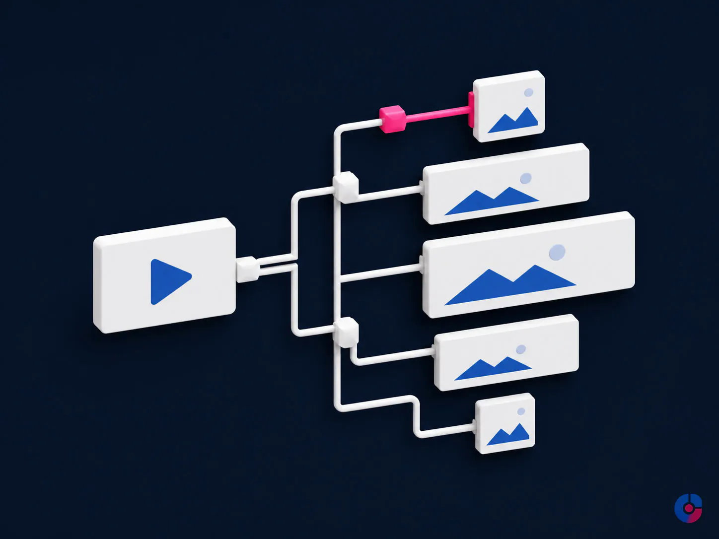 Isometric render of one master edit producing multiple platform deliverables