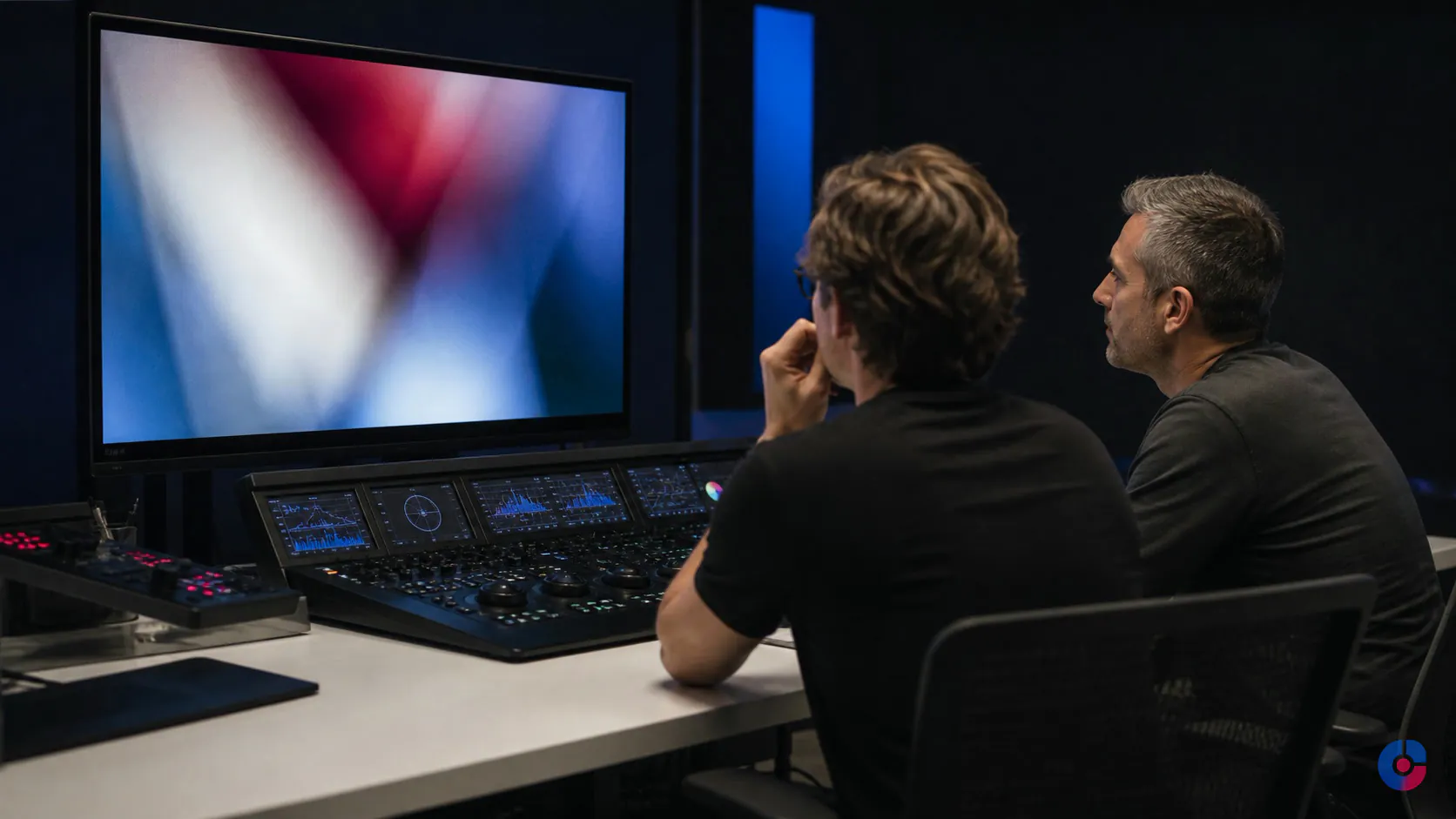 Editor and client reviewing a graded frame in a video post production suite