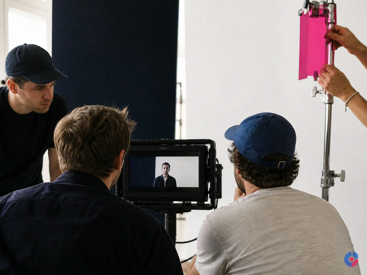 Crew reviewing a shot on a monitor during a brand video production