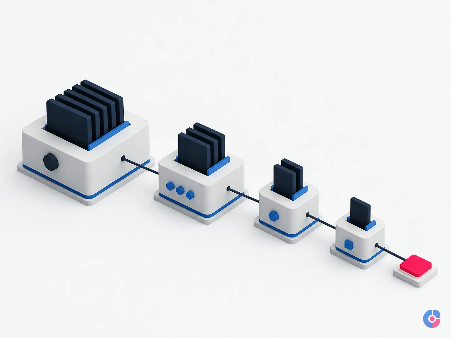 Isometric diagram of a video post-production pipeline from raw footage to published cut