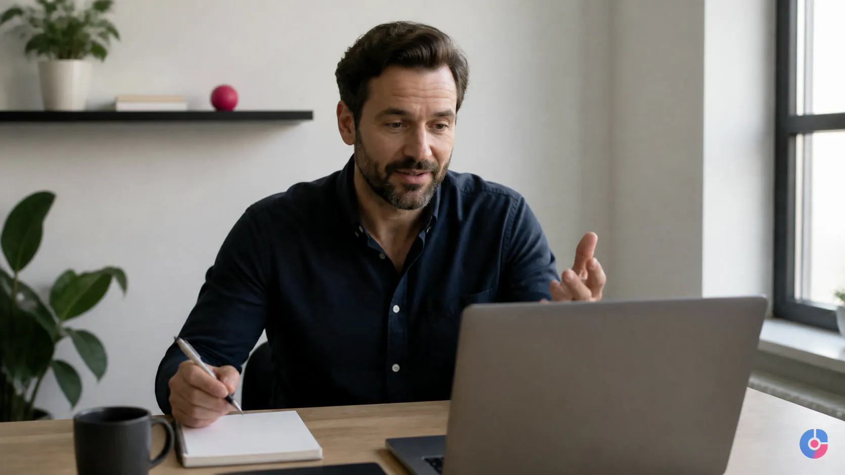 Business owner briefing a virtual assistant during a video call from a home office