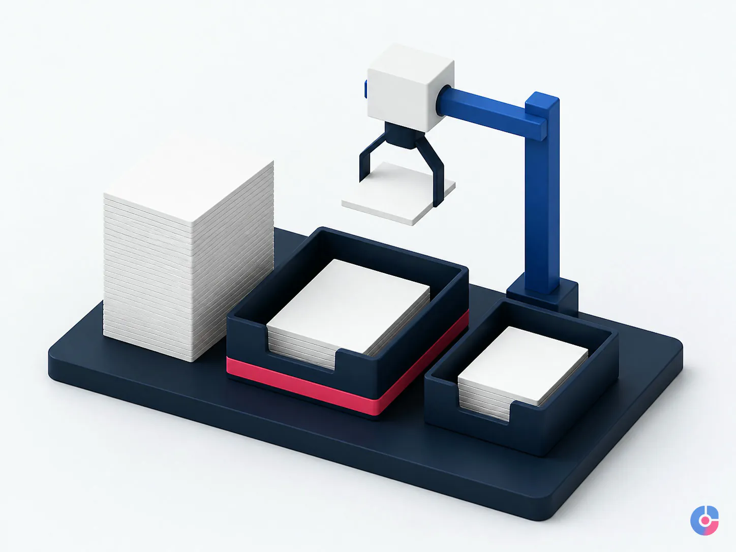 Isometric render of tasks being sorted into keep and delegate trays
