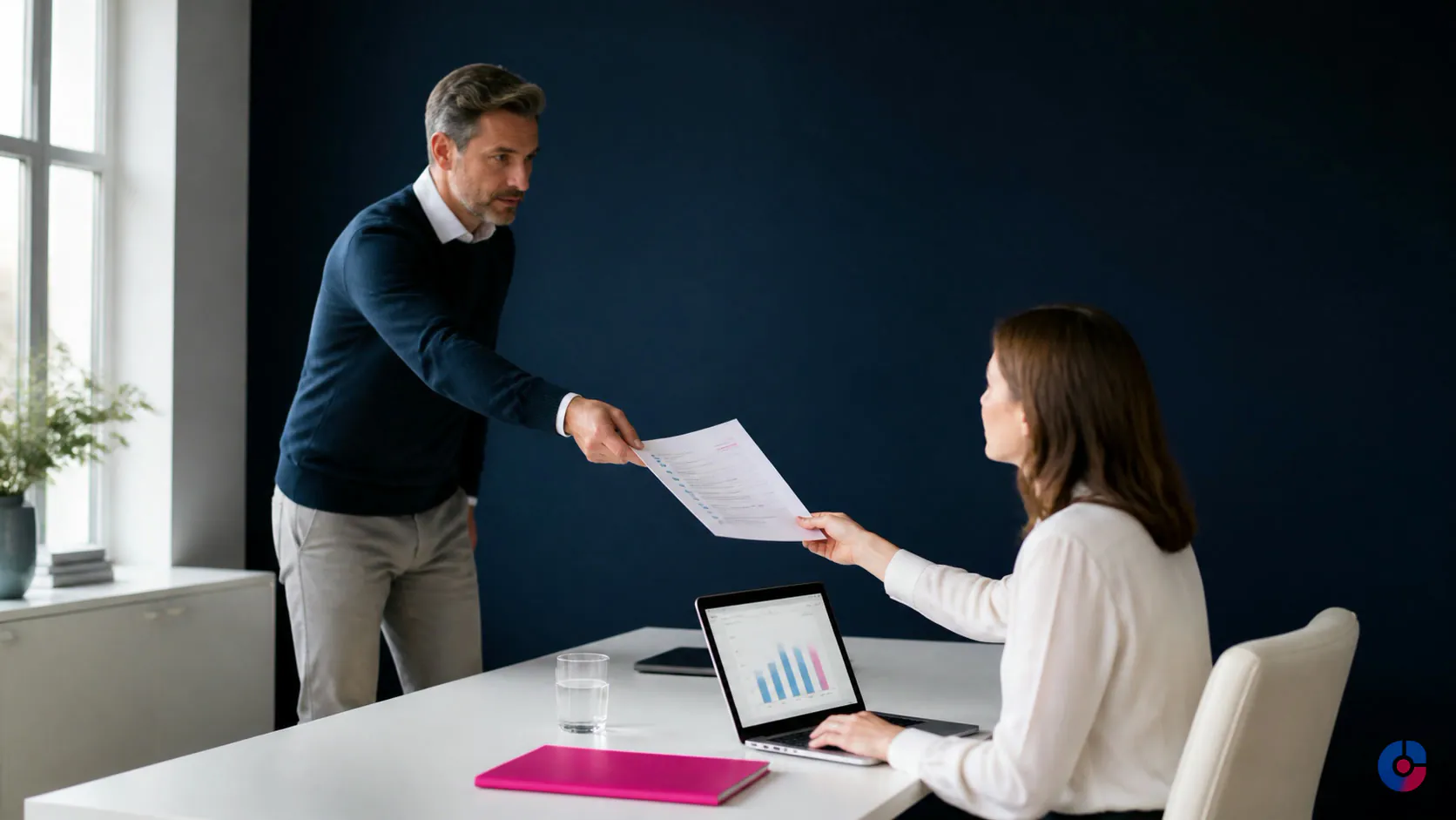 Business owner handing a task list to a virtual assistant across a desk