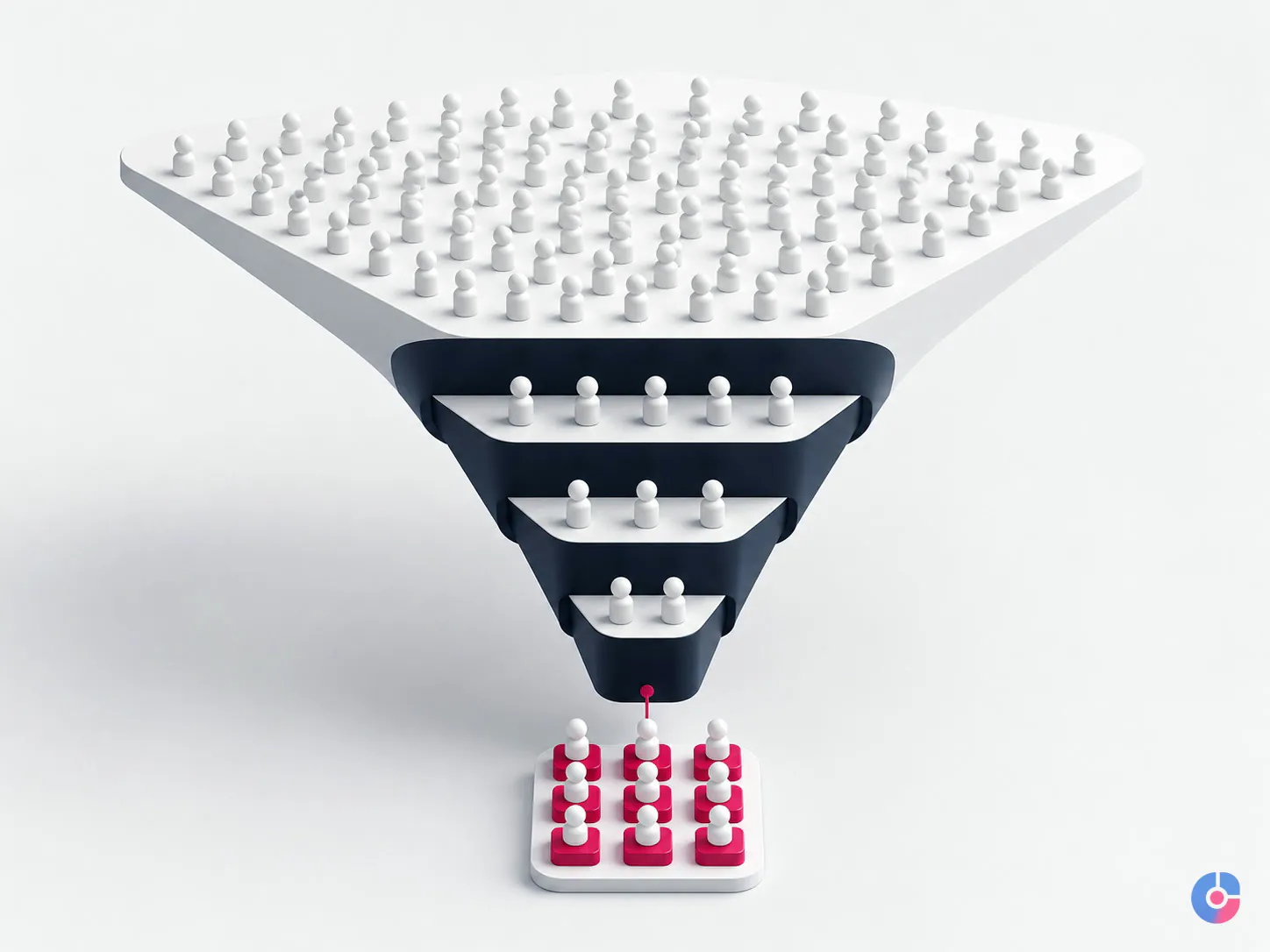 Isometric volume hiring funnel narrowing candidates into a grid of filled seats