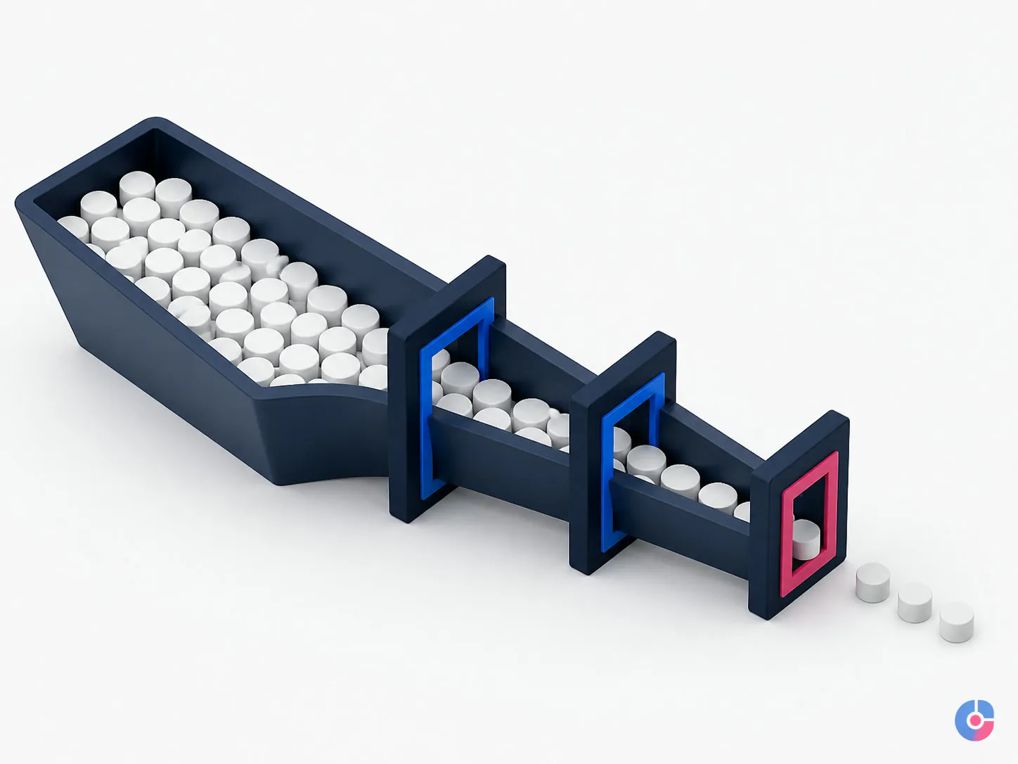 Isometric funnel render showing structured screening stages in volume remote hiring