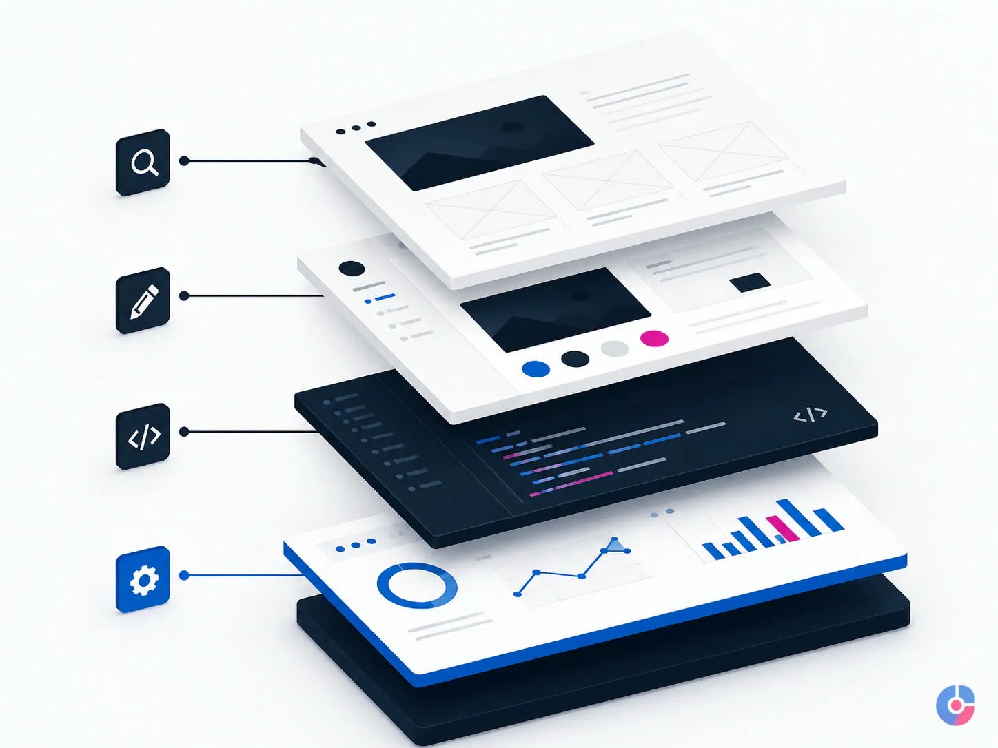 Isometric illustration of web development project phases from discovery through post-launch maintenance