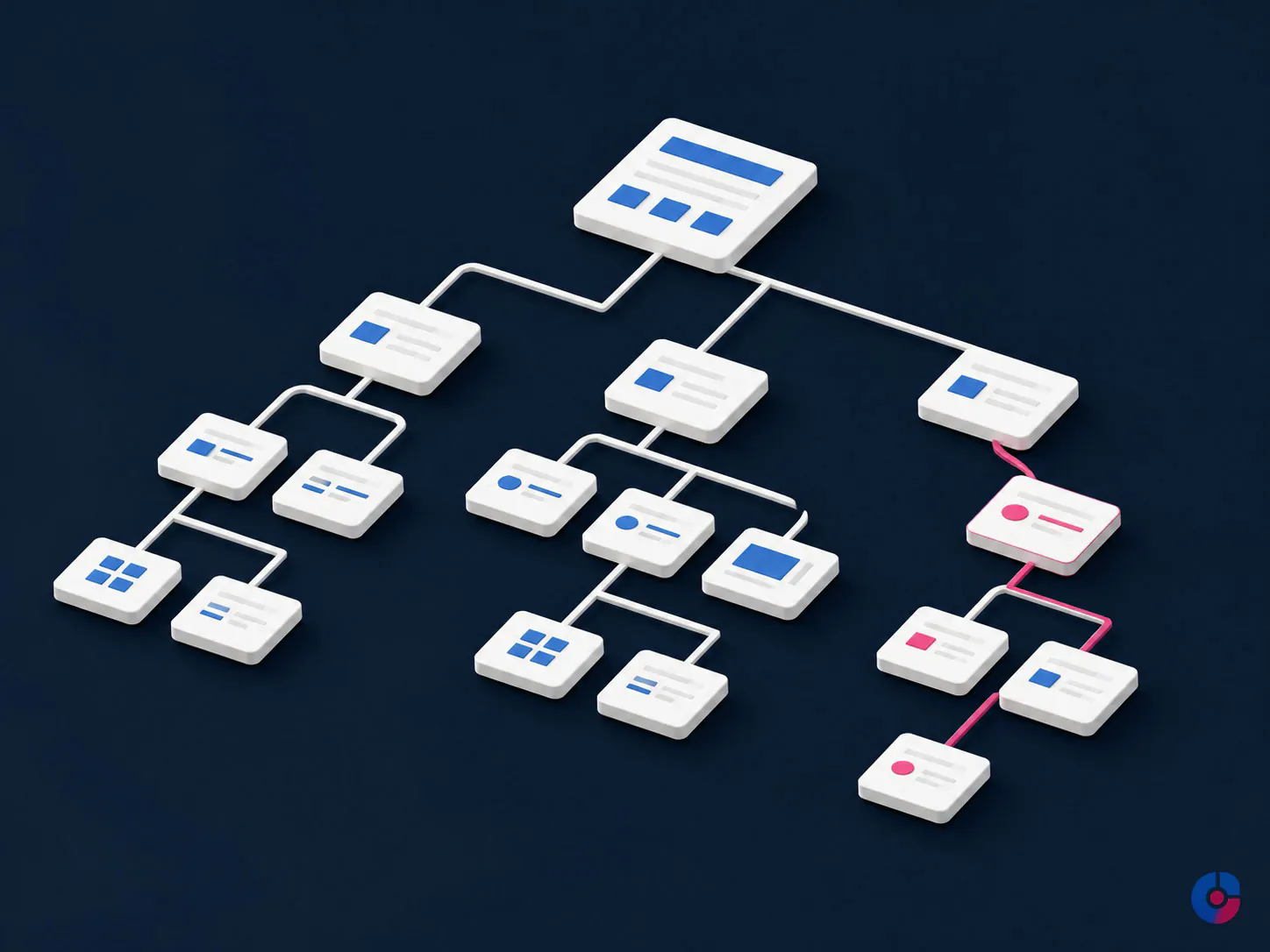 Isometric site architecture showing a priority path through a website structure