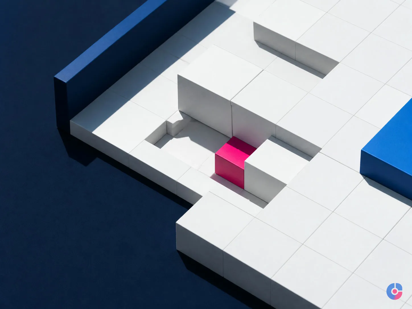 Modular structure on a grid with one keystone module, representing a structured build