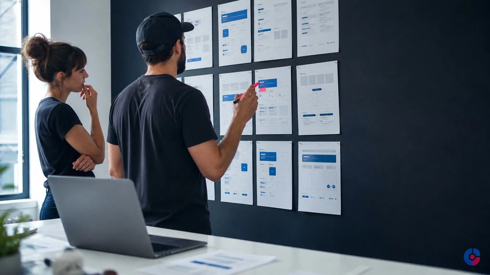 Designer and developer reviewing website wireframes pinned on a studio wall