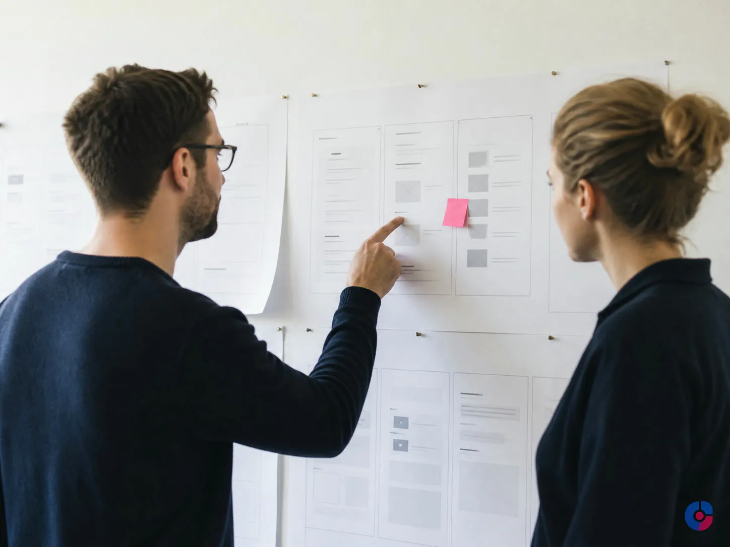 Designer and developer reviewing a printed website wireframe on a studio wall
