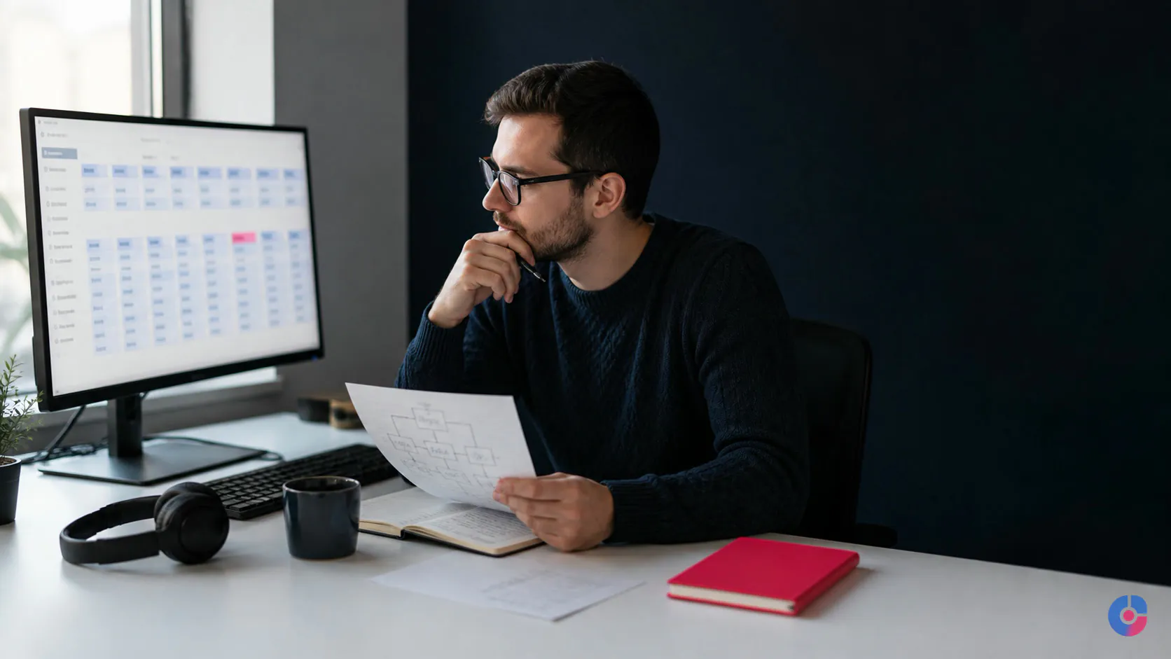 Data engineer planning an extraction schema beside a monitor of tabular data