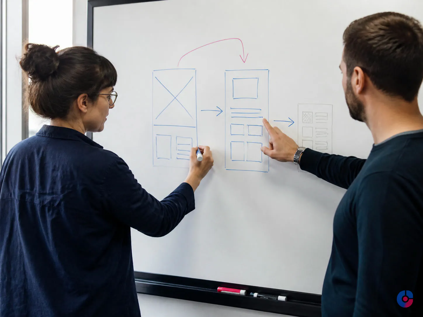 Designer and developer planning a website content structure at a whiteboard