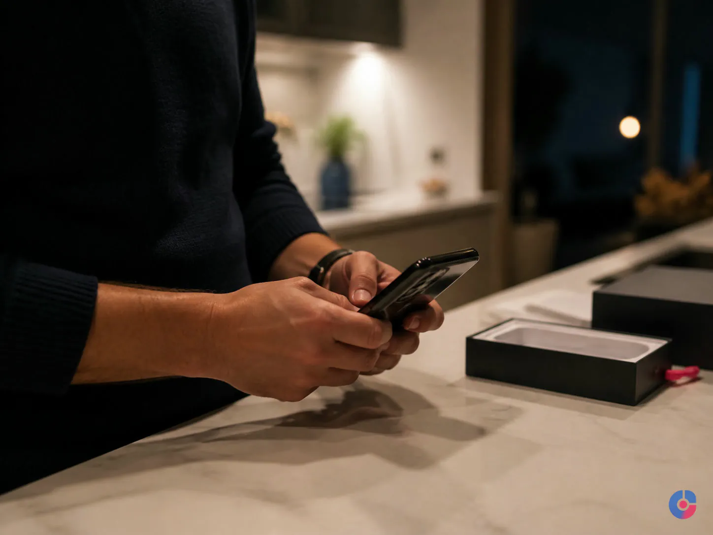 Shopper holding a phone at home while asking a question before buying