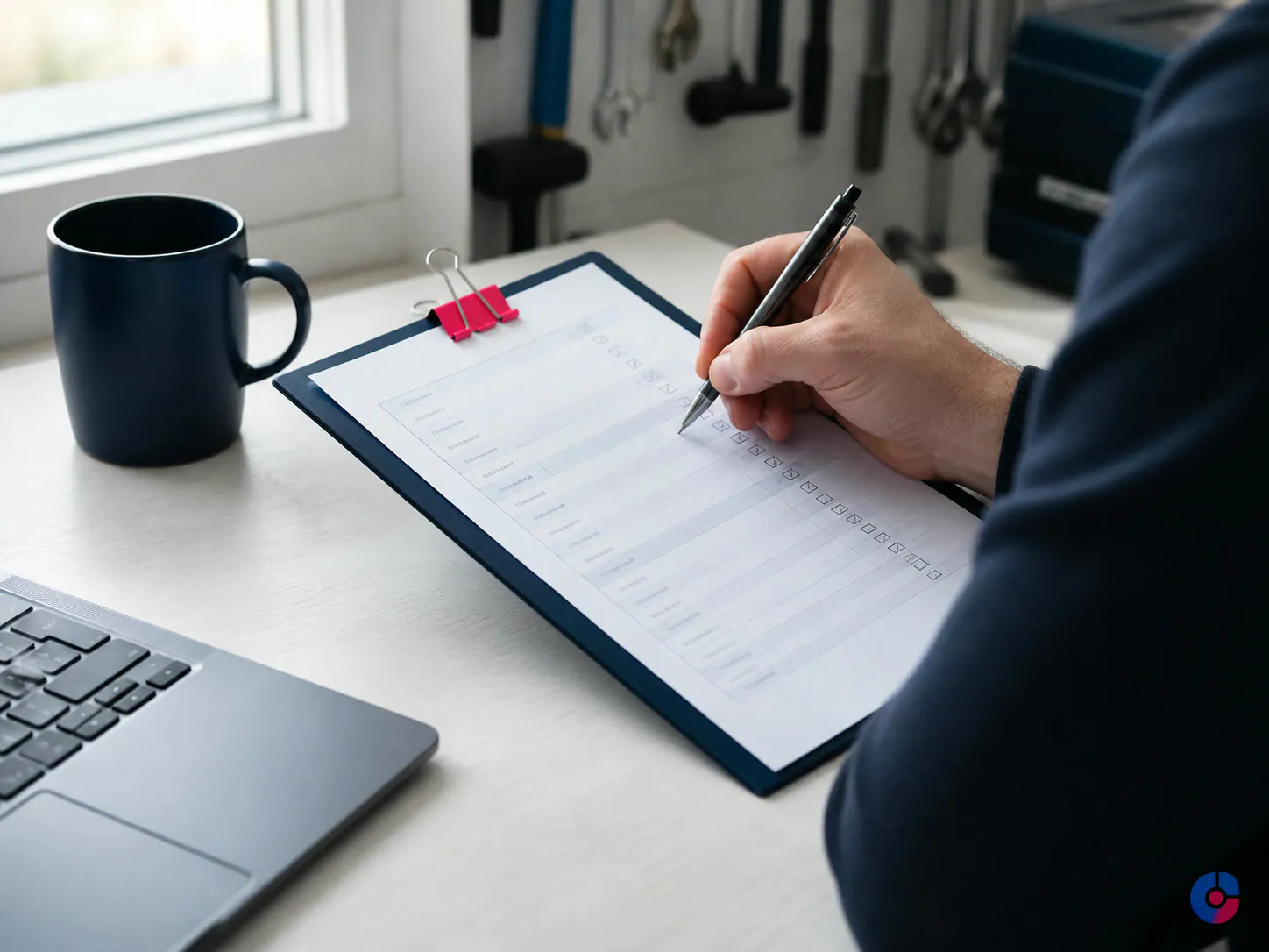 Hand working through a printed WooCommerce maintenance checklist beside a laptop