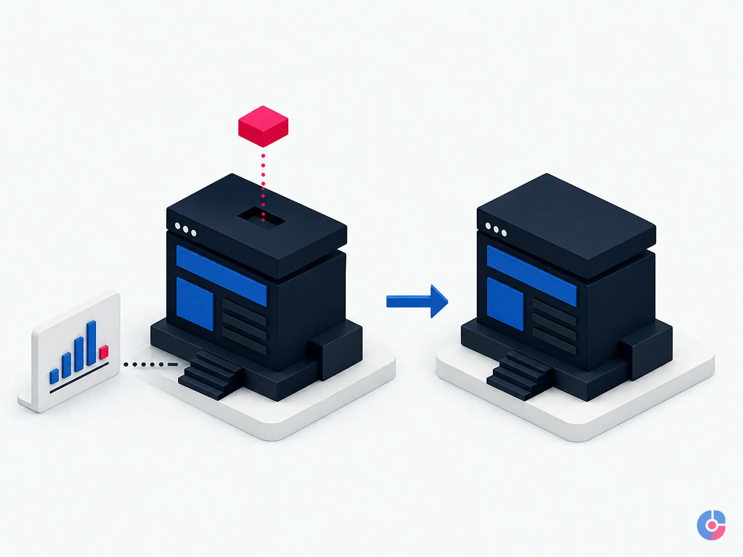 Isometric diagram of updates tested on a staging copy before deployment to a live store