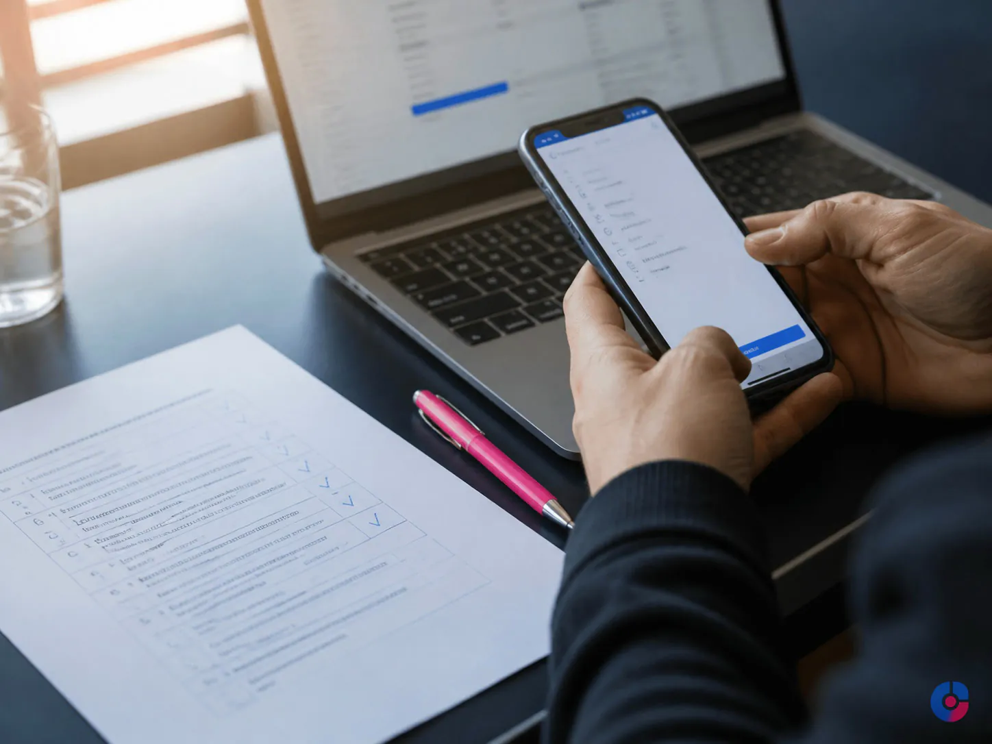 Tester completing a checkout test script on a phone beside a laptop