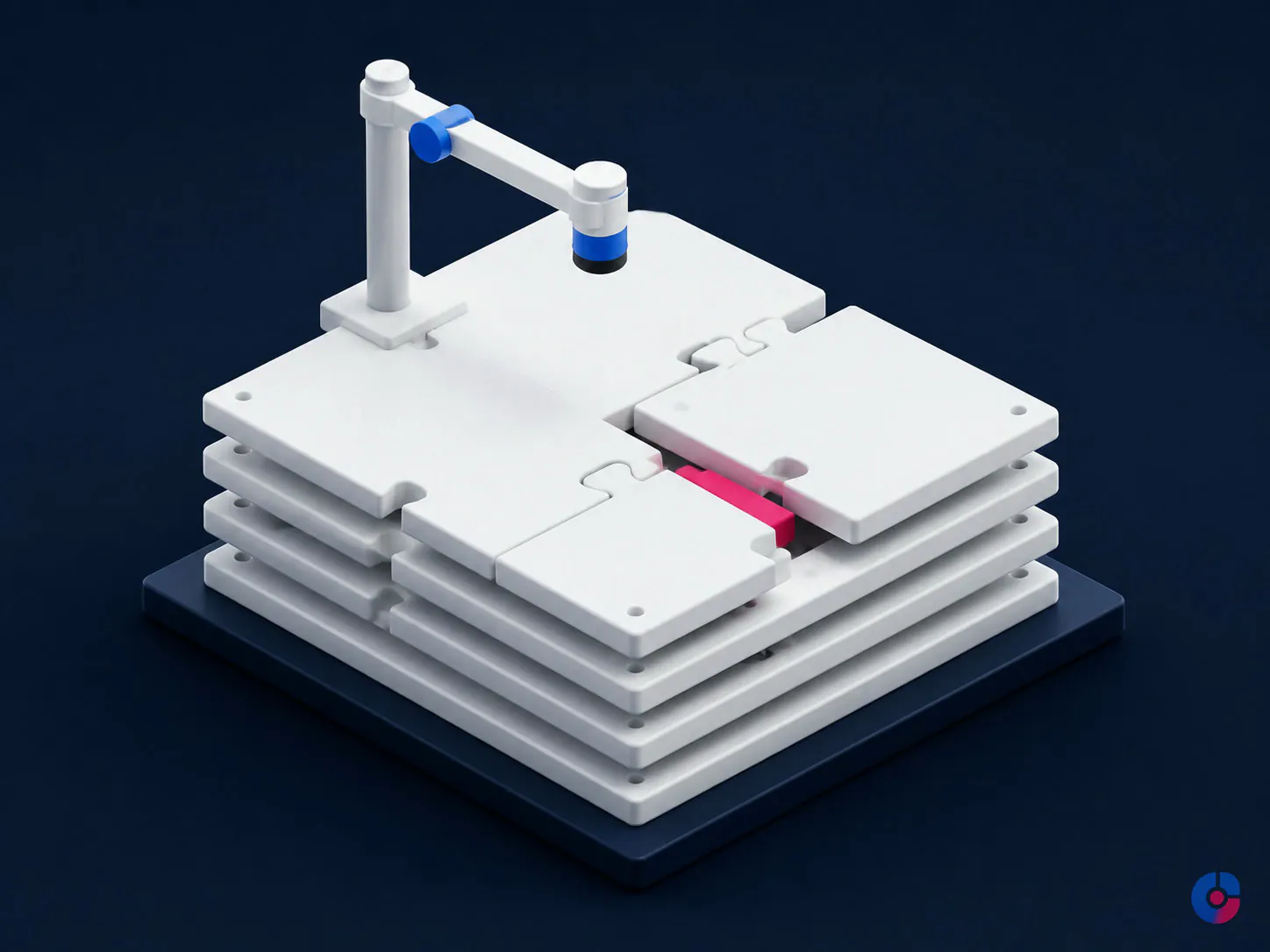 Isometric stack of plugin plates with a conflict highlighted between two layers