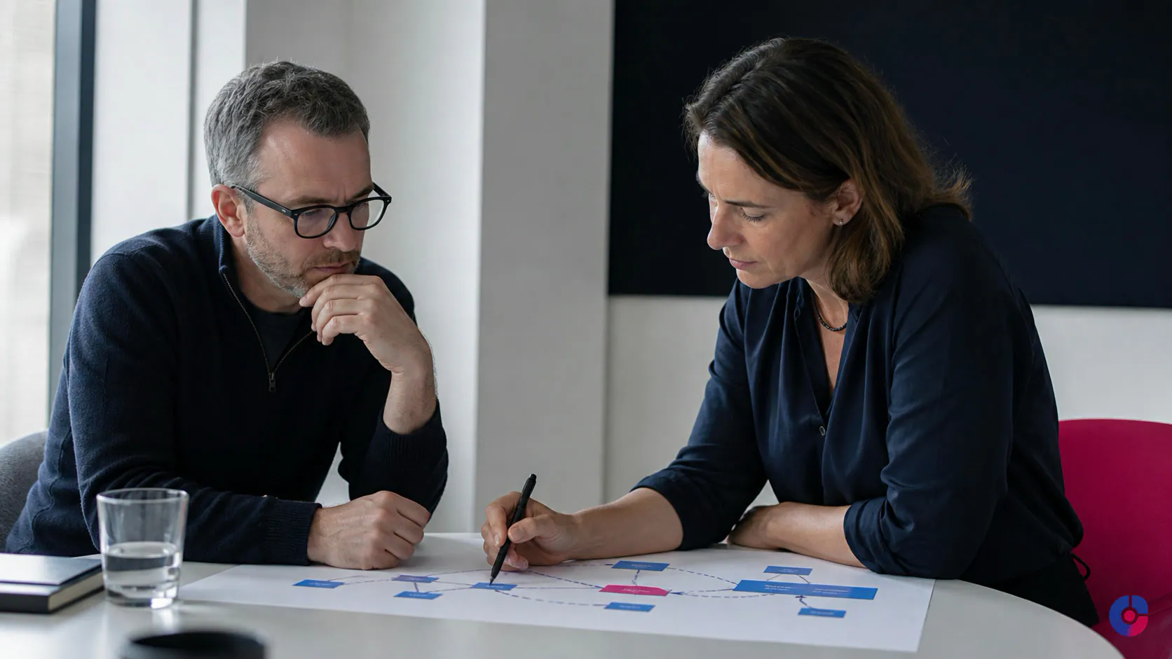 Marketing director and technical lead reviewing a content model before choosing a CMS