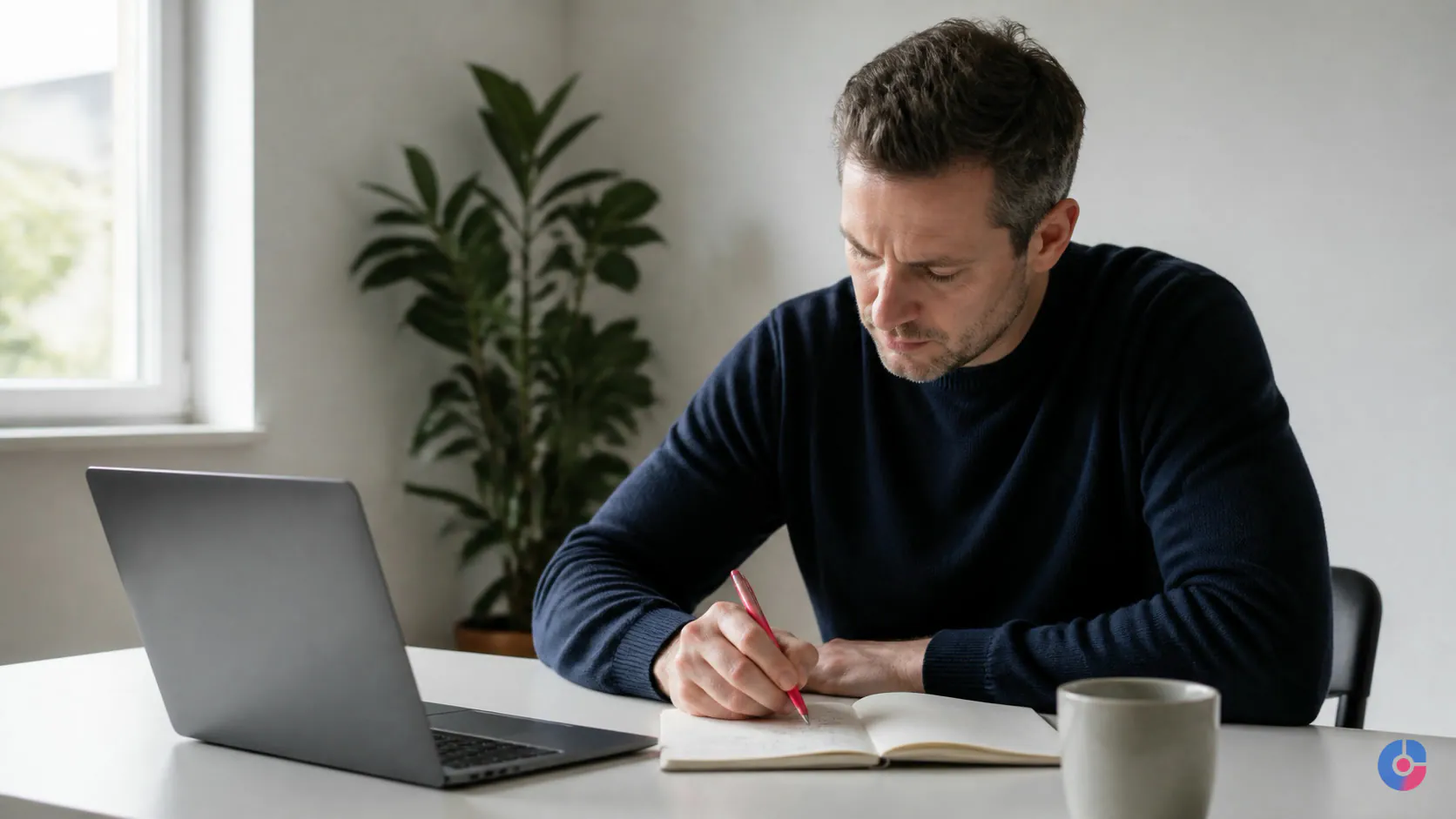 Founder drafting a B2B LinkedIn post in a notebook at an early morning desk